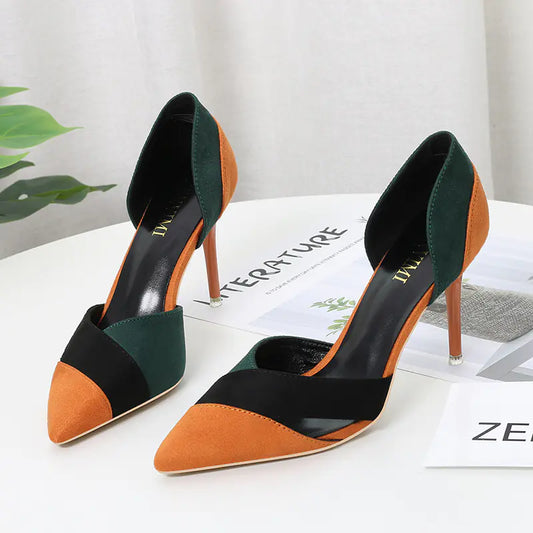 289-8 Color Block Hollow Pointed Toe High Heels